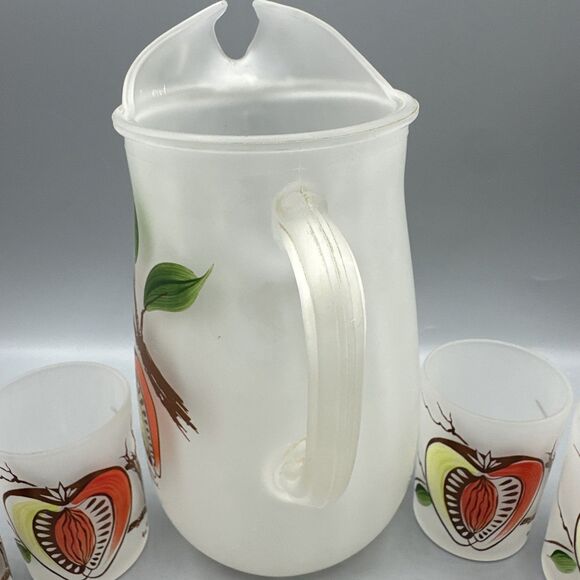 Vintage Gay Fad Hazel Atlas Frosted Pitcher Glass Set Stone Fruit Hand-Painted - Picture 8 of 11